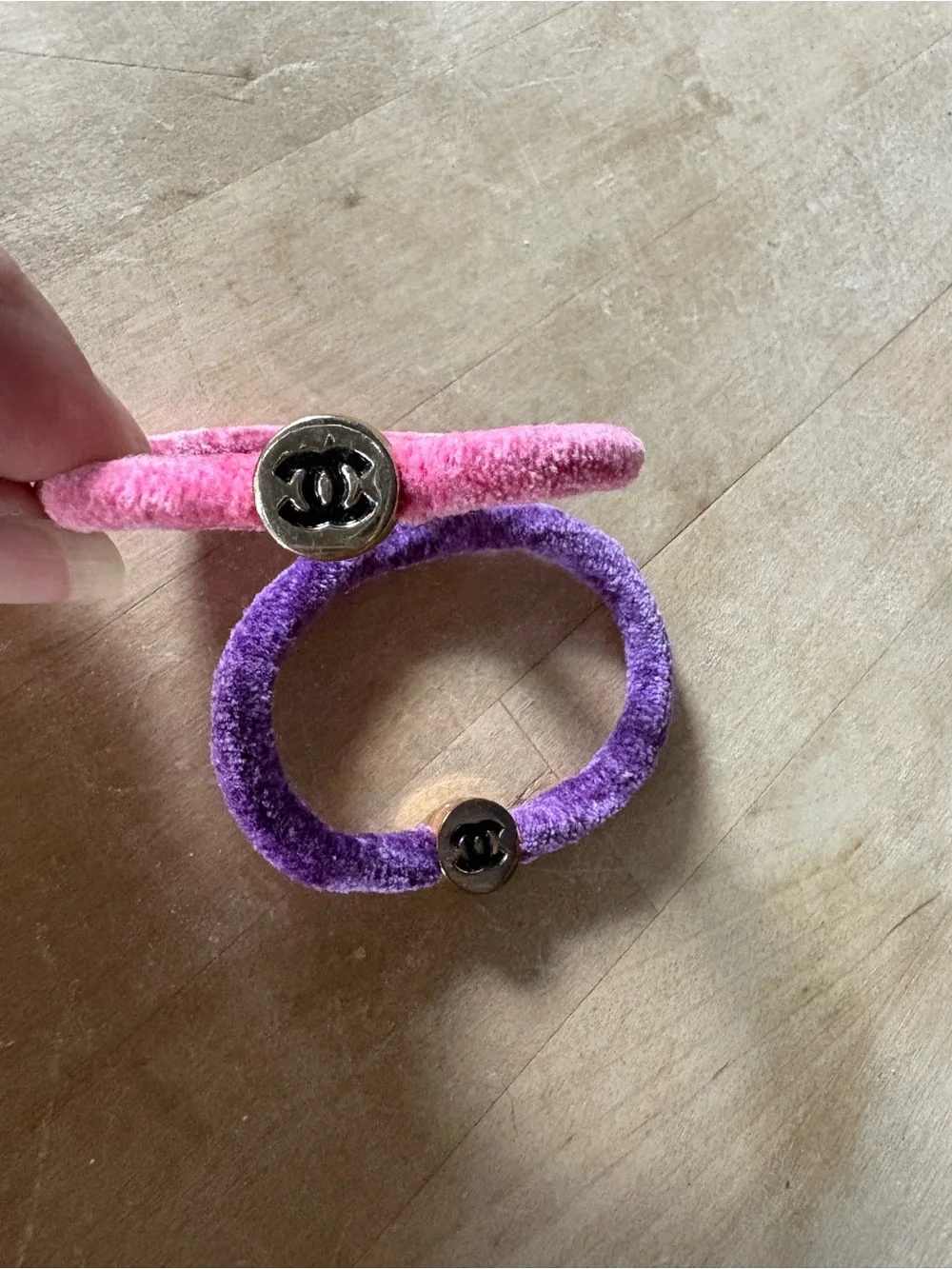 CHANEL Velvet Hair Bands in Pink and Purple with Logo Charms
